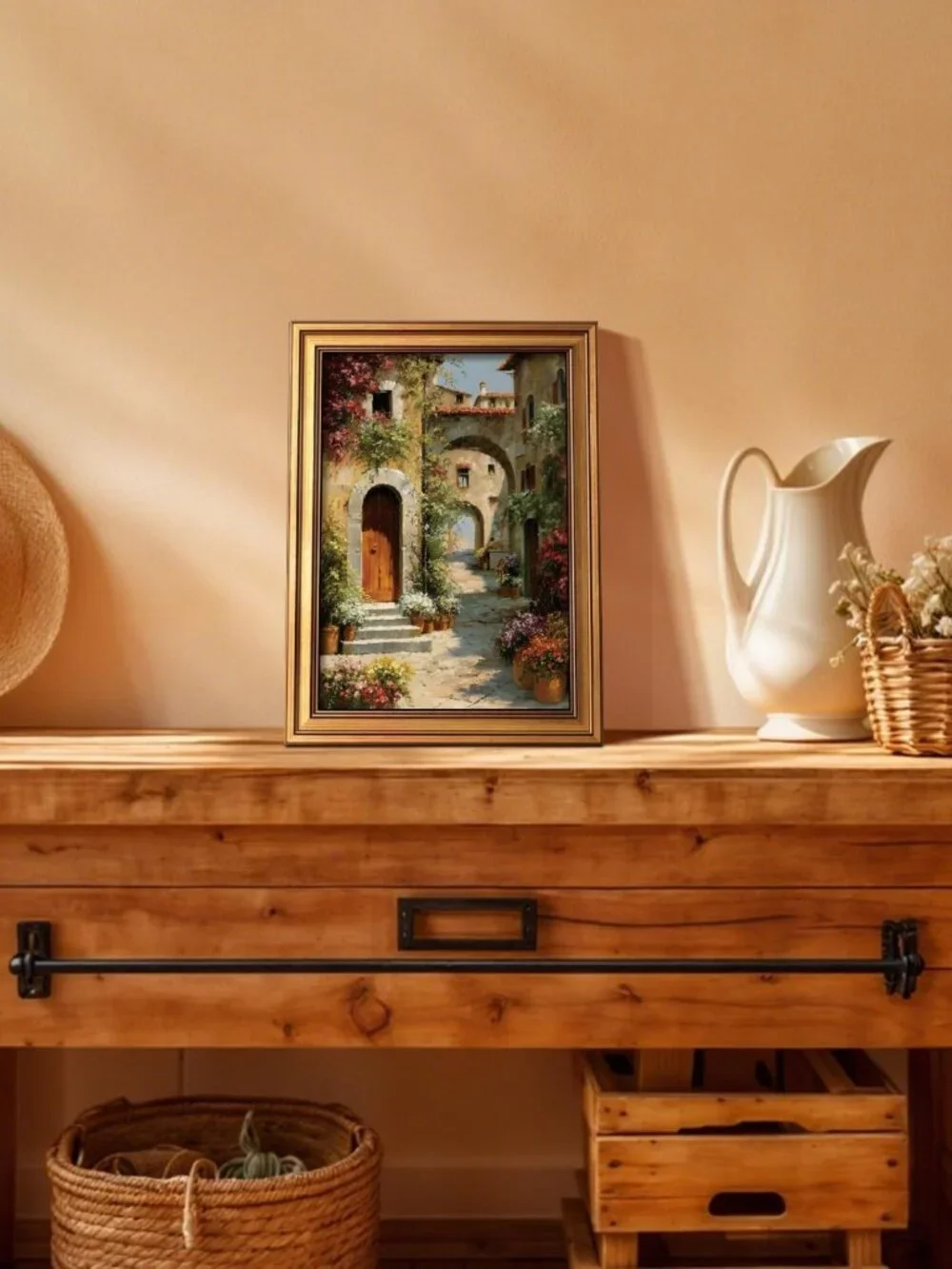 Gold Framed Mediterranean Village Canvas Art - 16x12 Inch Tuscan Landscape Decor